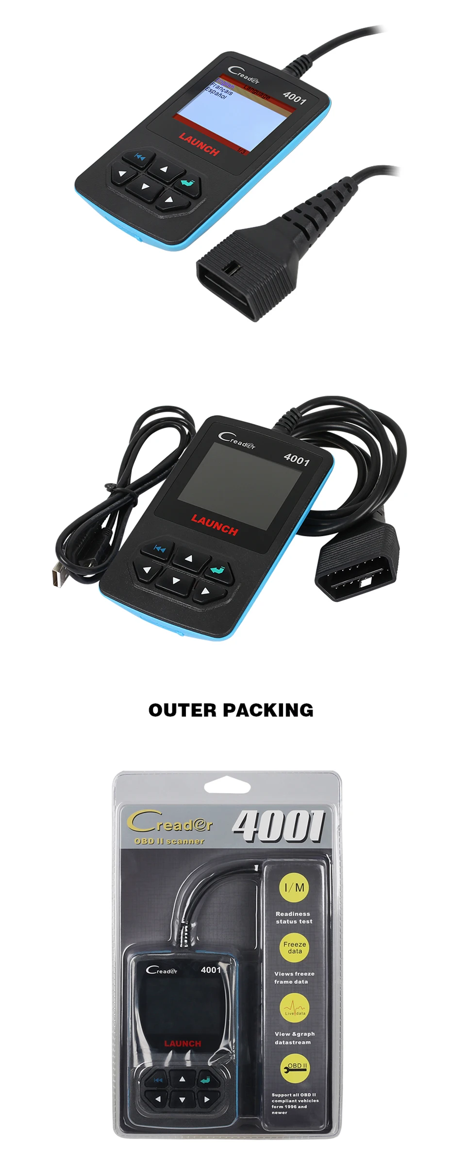 LAUNCH OBD2 Creader 4001 CR4001 считыватель кодов Профессиональный автоматический диагностический инструмент для Kia/для Toyota/для mazda бесплатное обновление онлайн