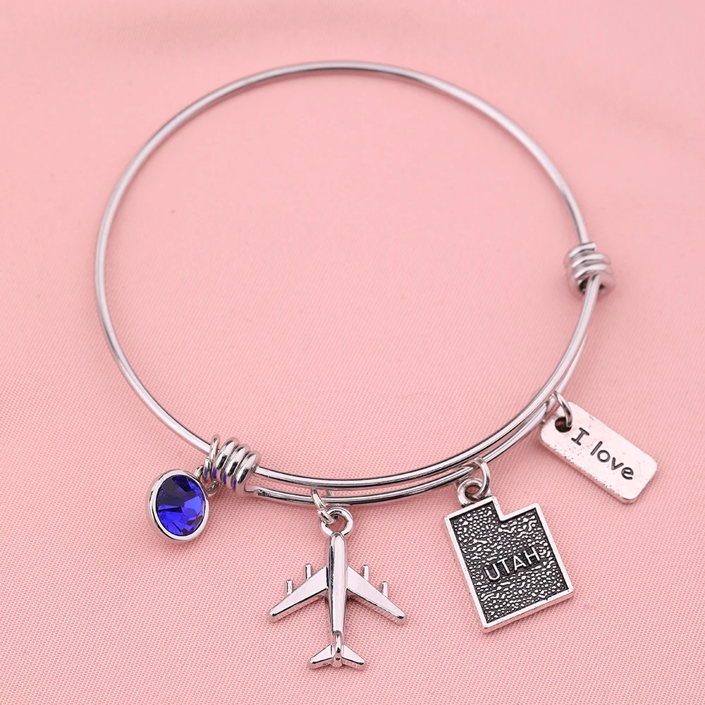 

My shape Handmade Stainless Steel I Love Utah Map Charm Bracelets for Women Men Jewelry Tourist Souvenir Airplane pendants