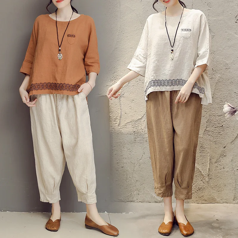 

2017 New Arrive Summer Cotton Linen Embroidered Vest Suits Two Pieces With Linen Baggy Slacks
