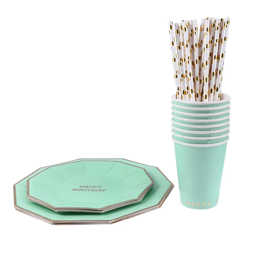 

BESTOYARD 8pcs Cups and 25pcs Straws Disposable Paper Dinnerware Set 16pcs Cake Plates Party Supplies (Mint Green)