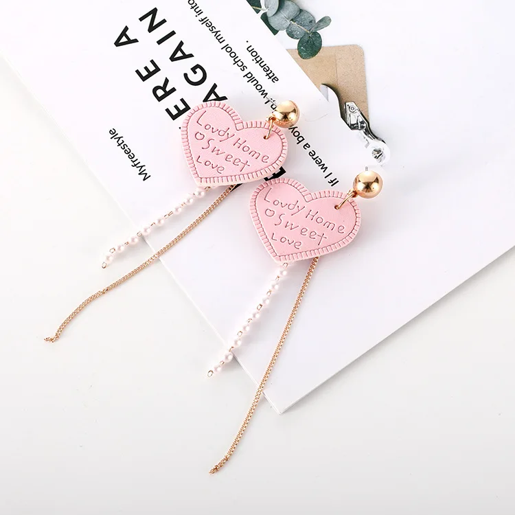 Корейский стиль Sweet Pink Love Heart Серьги для девочек длинная цепь кисточкой серьги