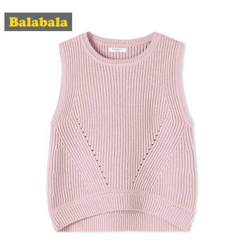 

Balabala Girls Ribbed Knit Vest Teenage Girl Sweater Vest in Cotton Blend Longer at Back Ribbing at Crewneck and Hem for Autumn