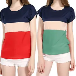 Модные летние женские футболки с коротким рукавом Топы цвета сращивания Свободная шифоновая футболка Футболки Топы FS99