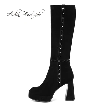 

Fashion women's shoes 2019 round toe strange style chunky heels zipper rivet elegant ladies boots platform knee high boots 33 40