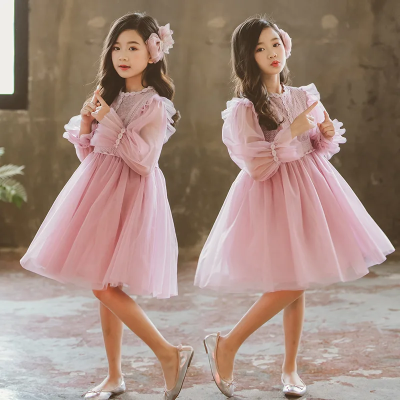 

Girls Pink Purple Cute Dress Autumn Children's Birthday Wedding Party Frocks Girl Elegant Mesh Ruched Princess Dresses Costume