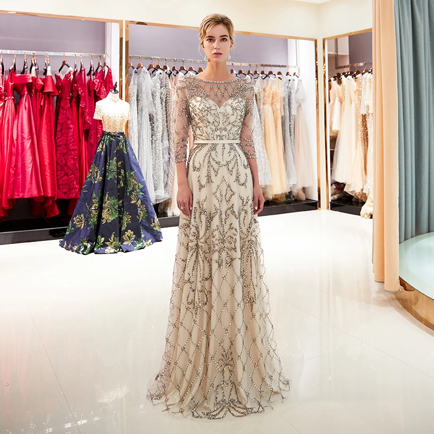 

2019 Half Sleeve Evening Dresses for Women Luxury Heavy Beaded Long Formal Evening Party Dresses With Stones