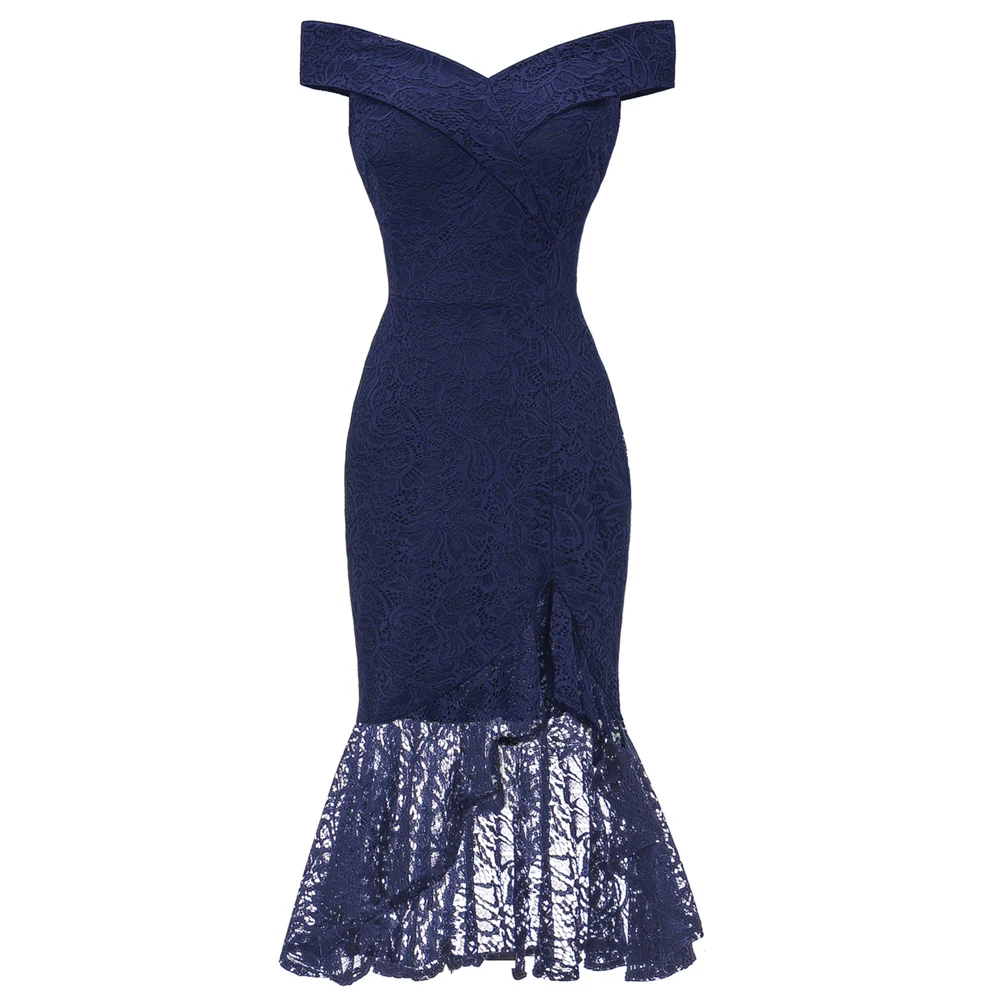 Для женщин вечерние кружевные платья Femme с открытыми плечами вечерние платье выдалбливают женские халаты Свадебные Вечерние Vestidos De Festa - Цвет: Тёмно-синий