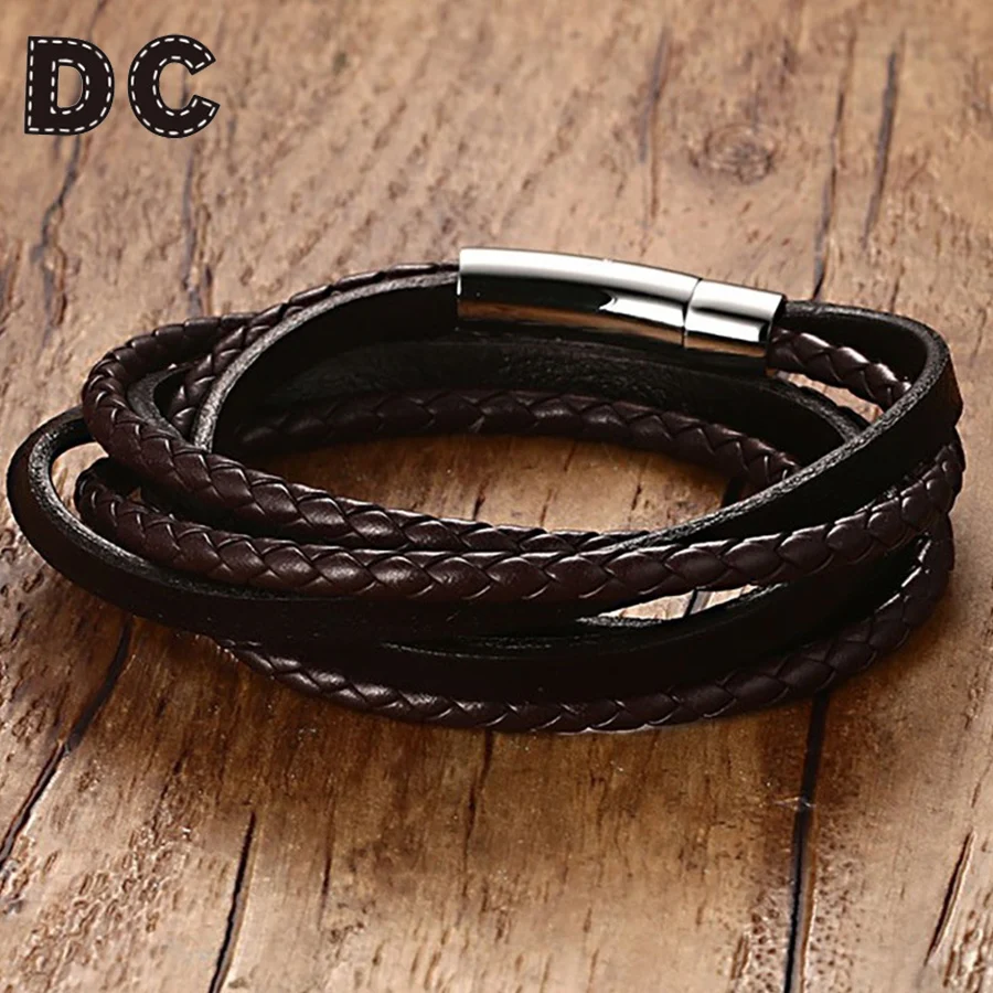 

DC Multilayer Silver Color Print Stainless Steel Magnetic Clasps Charms Black Braided Cords Wrap Bracelet Bangles for Men Male