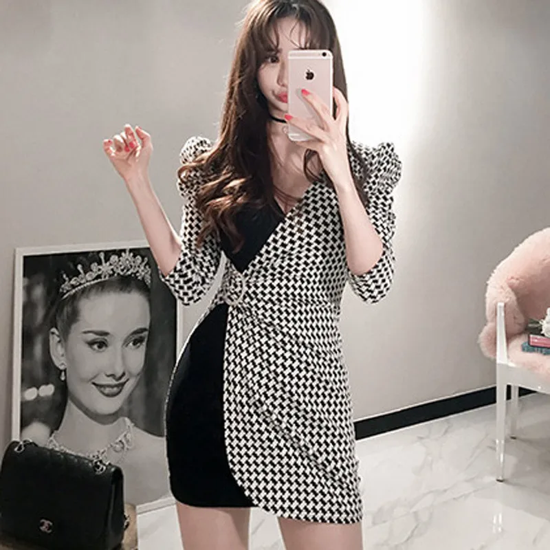 

Women's Clothing 2018 Autumn Winter Elegant Houndstooth Dress V-neck Matching Slim High Waist Bodycon Mini Dress Sexy Club Dress