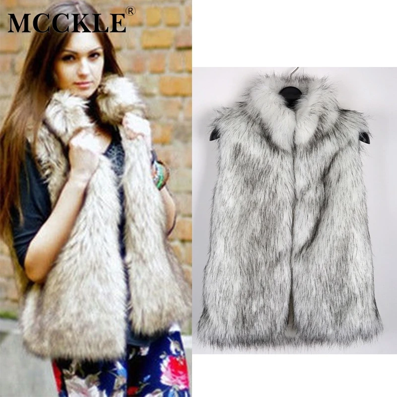 

MCCKLE Women Faux Fox Fur Vest 2018 Autumn Stand Collar Fluffy Sleeveless Fur Jacket Female High Quality Slim Fur Vest Coat