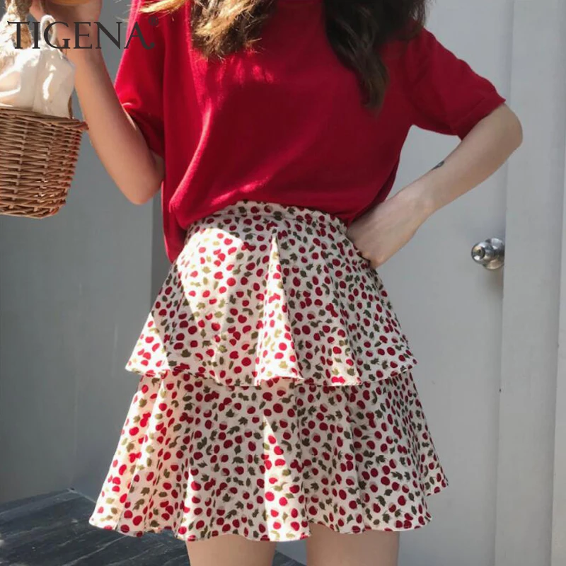 

TIGENA Cherry Print Fashion Chiffon Skirt Women 2019 Summer Mini Short Tutu Skirt Female High Waist Pleated Skirt School Sun Red