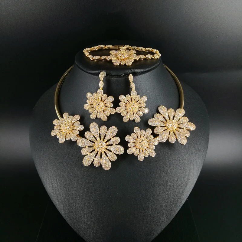 

New fashion big flower crystal CZ zircon golden necklace earring bracelet ring wedding bridal banquet dressing jewelry set