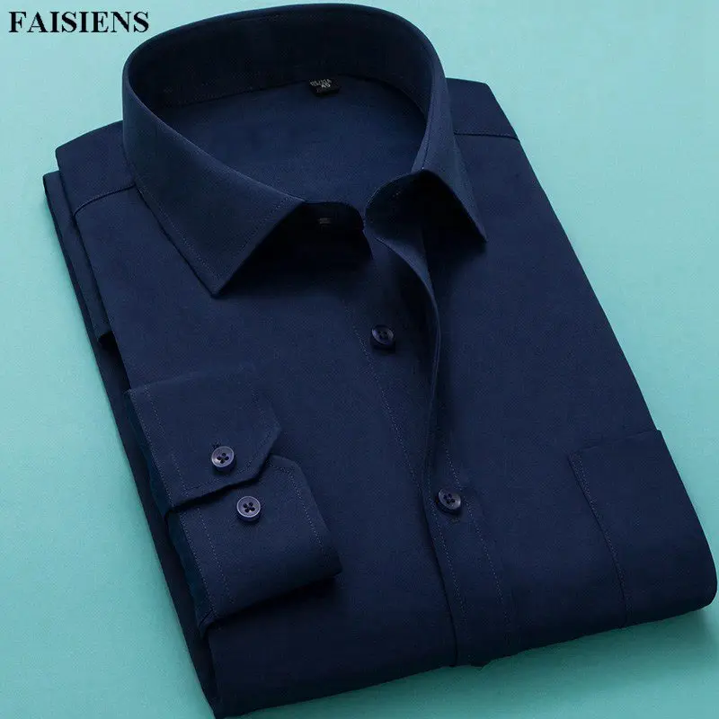 

FAISIENS Men Large Size Solid Wedding Shirt 7XL 8XL 9XL Long Sleeve Cotton 10XL 13XL 14XL Thin Navy Blue Business Dress Shirts