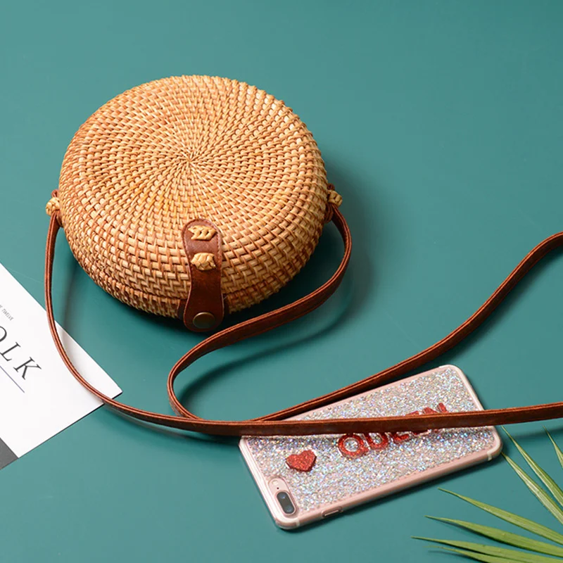 2019 bolsas redondas de paja para mujer, bolso de ratán de verano, tejido a mano bolso de playa, bolso Circular de Bohemia, con el precio más bajo