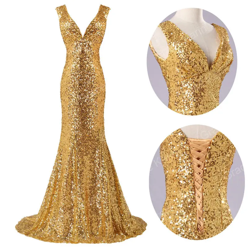 V Neck Prom Dress Gold Sleeveless Lace 