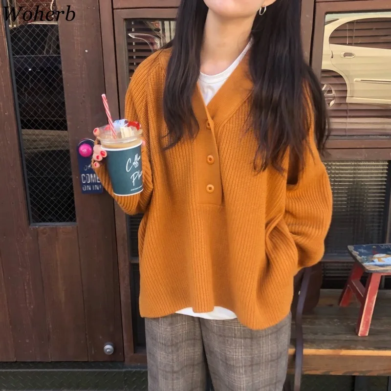 

Woherb 2019 New Korean Chic Pullover Sweater Women Loose Knitted Sweaters Single-breasted V-neck Jumper Pull Femme 22866