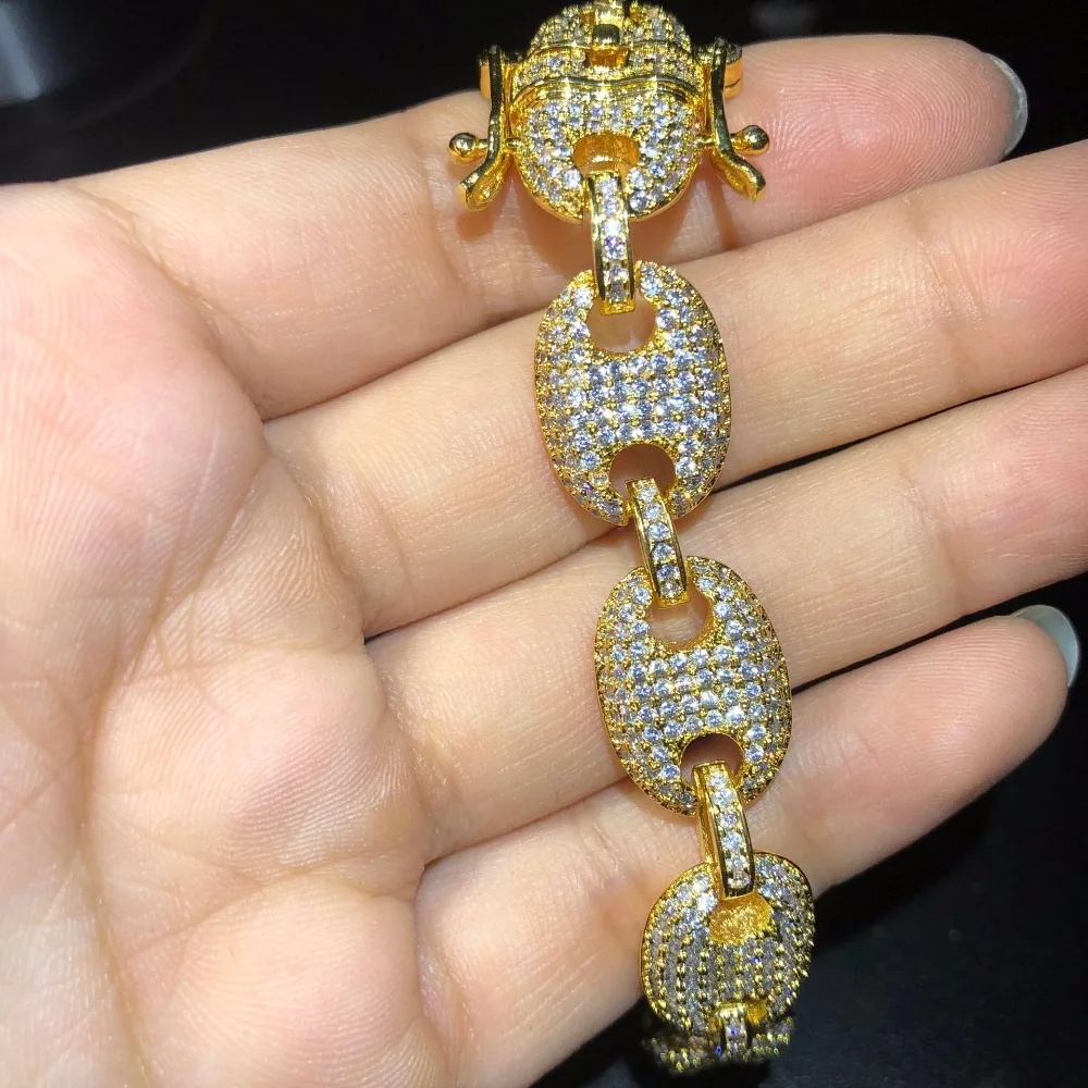 13 мм золото серебро кофе ожерелье с элементами бобовидной формы мужские хип хоп ювелирные изделия Bling Iced Out циркон горный хрусталь кубинская Кнопка Свинья Нос цепи
