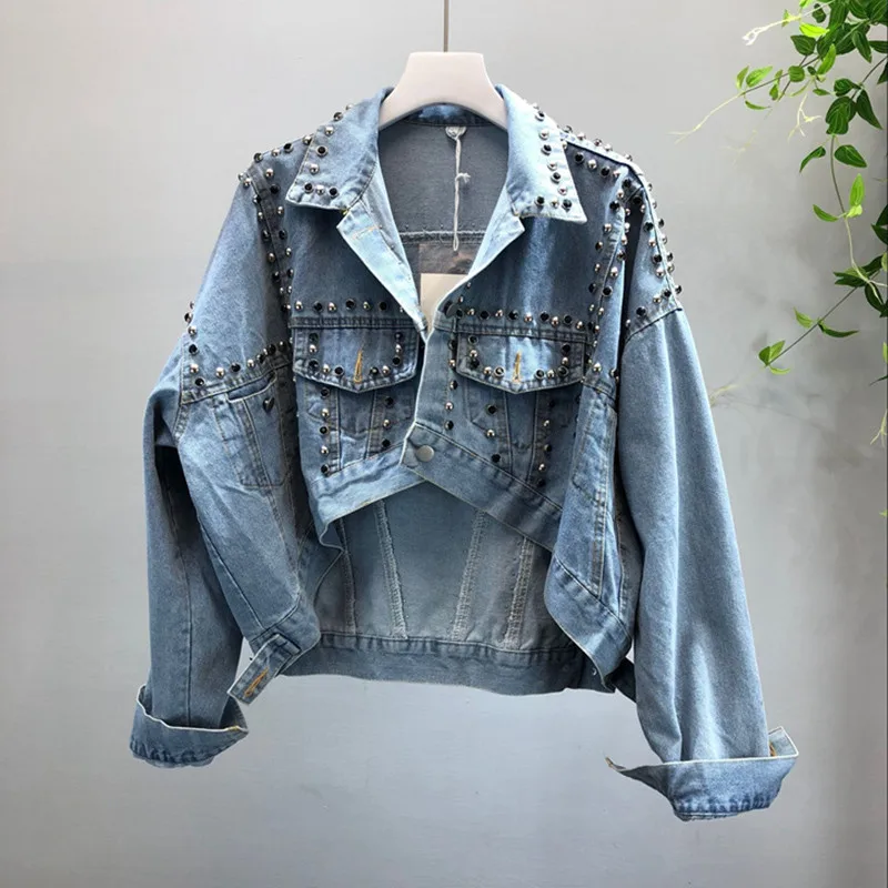 

2019 New Spring Autumn Jeans Jacket Women Rivet Irregular Washed Denim Coat Female Long Sleeve Casual Loose Harajuku Outwear