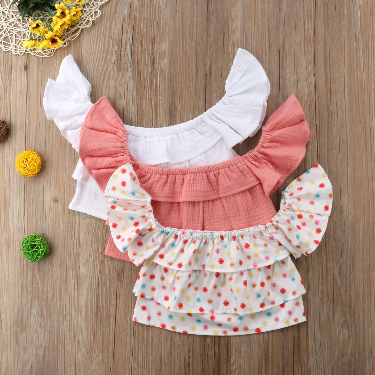 

2018 Newborn Kid Baby Girl Summer Off Shoulder Ruffle Polka Dot Solid Tops T-shirt Blouse Cute Summer Outfit