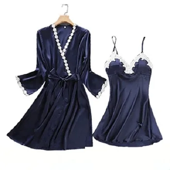

Sexy Embroidery Robe Gown Set Women Satin Dress Gown And Short Kimono Robe 2 PCS Nighties Sleepwear Home Wear 1701 High Quality