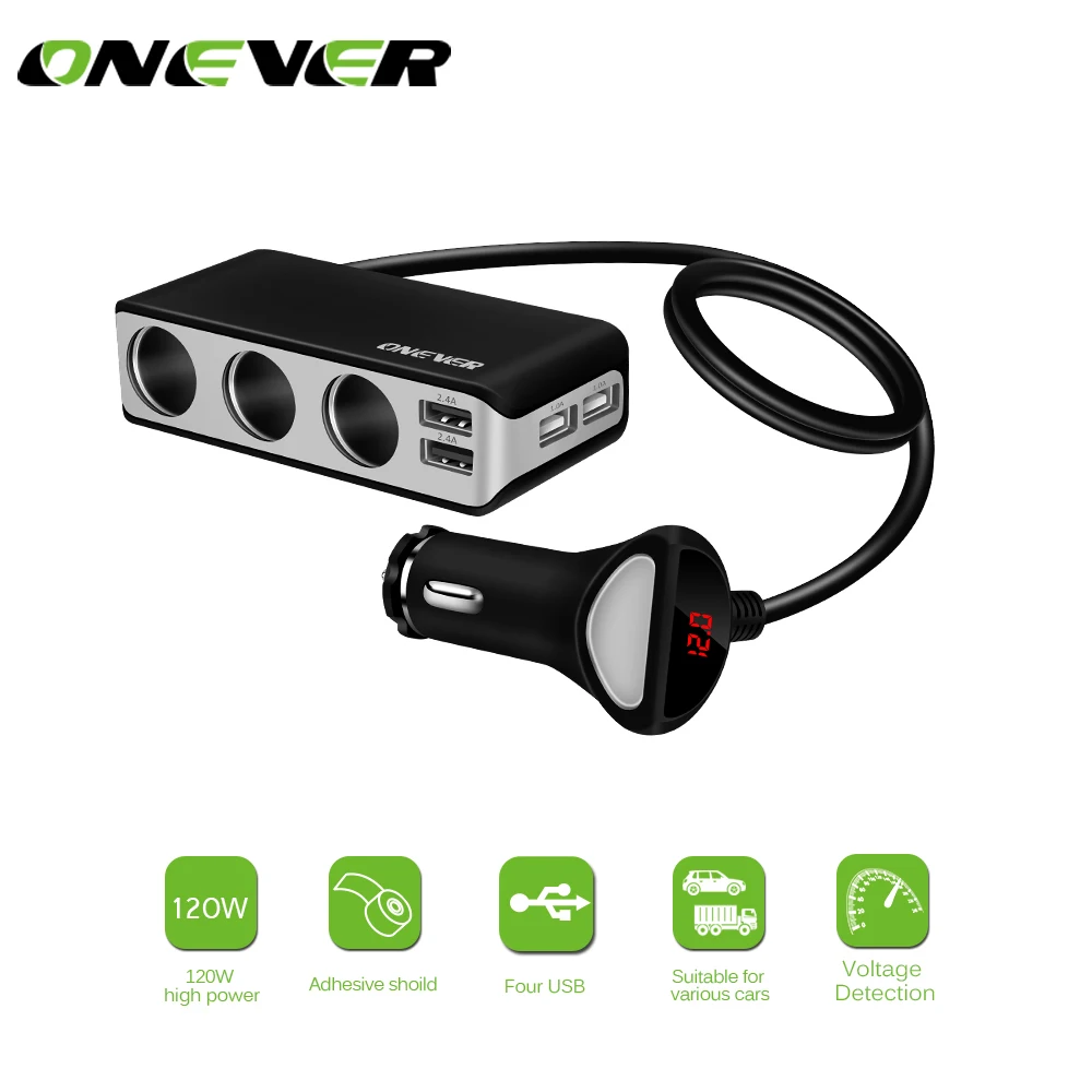 

6.8A 4 USB Ports Car Charger 3 Cigarette Lighter Sockets 120W Power Support Display Volmeter for iPhone iPad Samsung GPS Dashcam