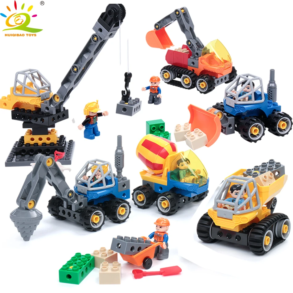 

HUIQIBAO Toys Construction Truck Mixer Crane Big Building Blocks For Kids Legoingly Duploed Engineer Tracked Excavator Car Brick
