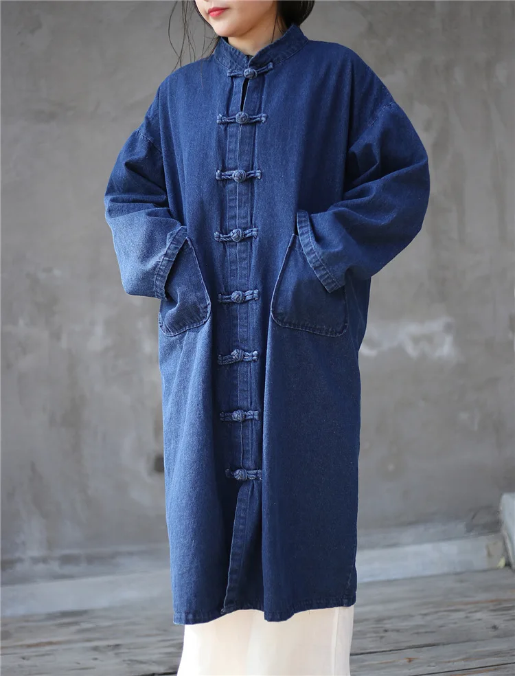 

2019 Autumn Literature Retro Chinese Style Retro Zen Clothes Long Loose Cowboy Windbreaker Loose Coat Buddhist Mood Robe C018