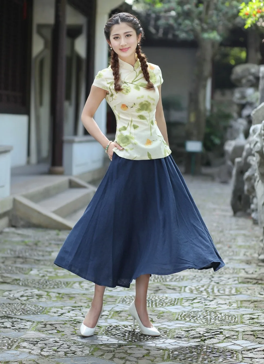 Shanghai Story/укороченный топ с высокой талией; юбка для отдыха; льняная юбка с эластичной резинкой на талии; пышная юбка; традиционная китайская одежда; 2522