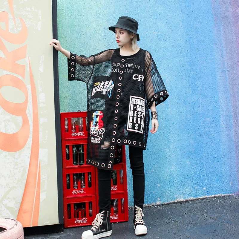 Max LuLu, роскошные корейские дизайнерские женские сетчатые топы, футболки, женские сексуальные летние футболки, Панк уличная винтажная повседневная одежда - Цвет: Черный