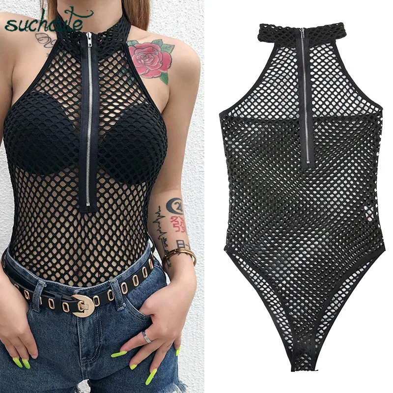 SUCHCUTE Overall Body For Women Net Surface Zipper Jumpsuit Mono Female Bodysuit Rompers Vintage Gothic Women' s Clothe Playsuit