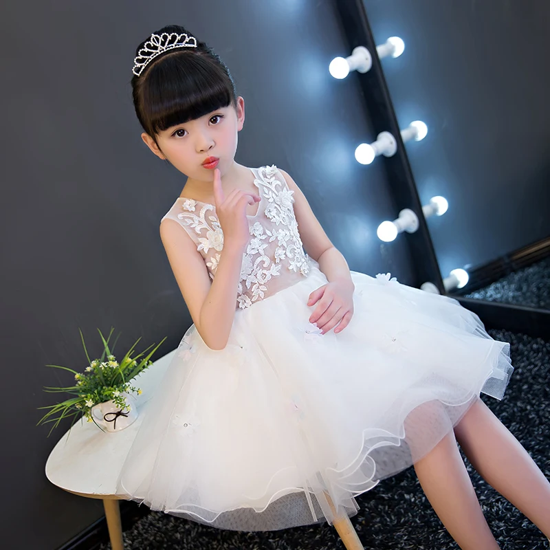 

Girl Party Dress 2017New Girls Birthday Wedding Party Princess White Lace Dresses Kids White Tutu Mesh Costume Children Clothes