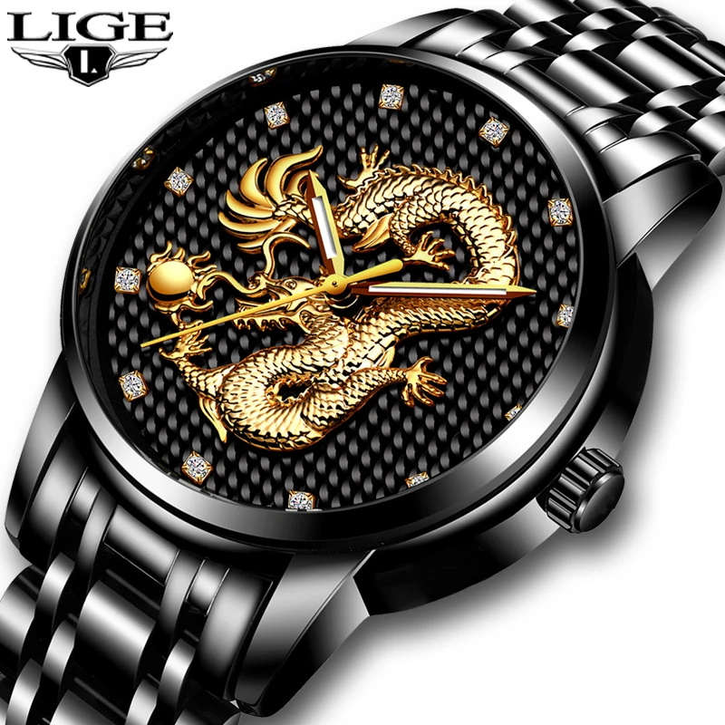 

LIGE Men Watches Top Brand Luxury Creative Gift Watch Men Waterproof Dragon WristWatch Analog Quartz Clock Relogio Masculino+Box