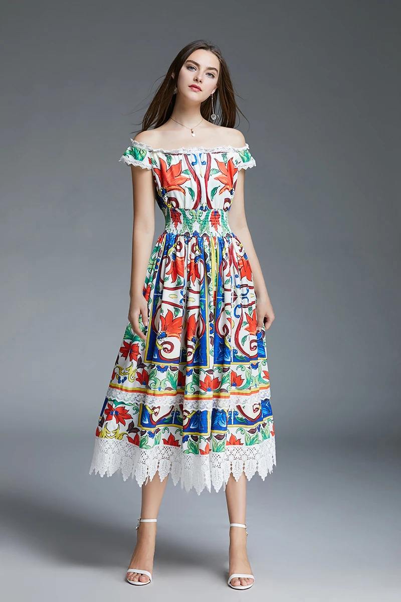 Модное дизайнерское подиумное платье, летнее женское пляжное платье в стиле бохо с открытыми плечами и вырезом лодочкой, хлопковое кружевное лоскутное длинное платье с цветочным принтом