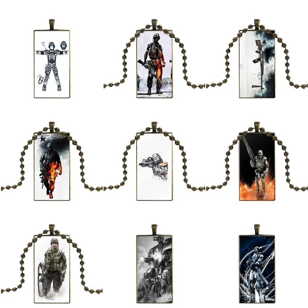 

EJ Glaze Battlefield Bad Company 2 Video Games Military Glass Cabochon Pendant Necklace Rectangle Fashion Necklace For Women Men