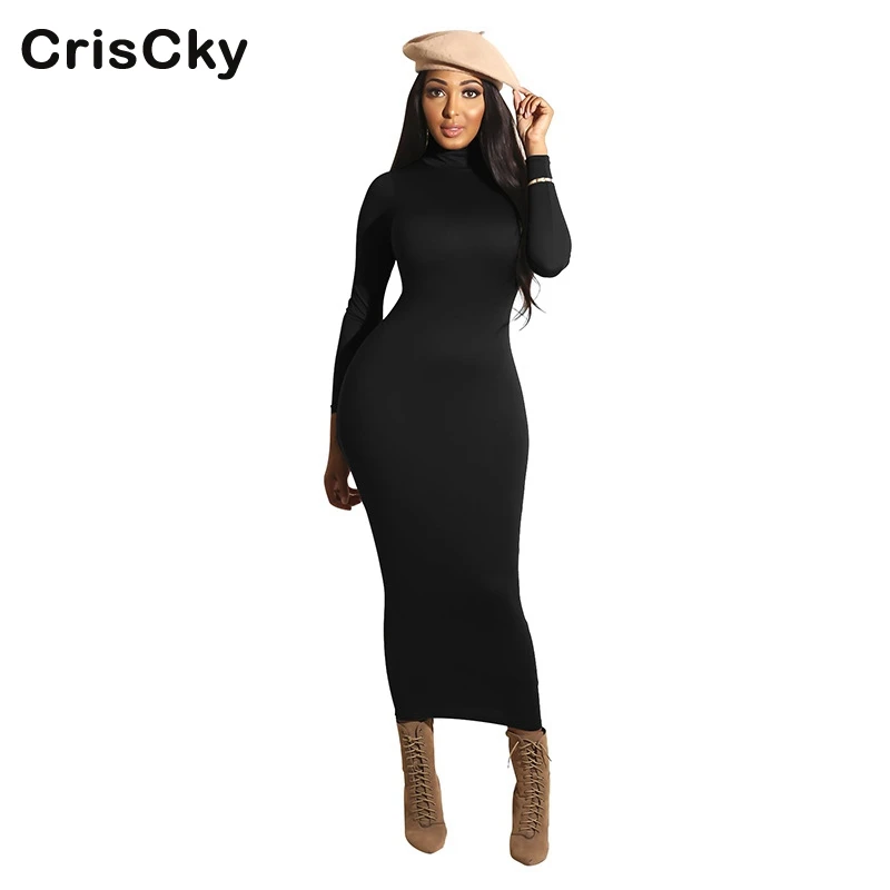 

CRISCKY Hot Summer Sexy Bodycon Woman Solid Dress Women Turtleneck Long Sleeve Slim Midi Dress Women Party Club Dresses