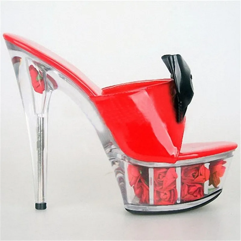 15cm high heel rose decoration platform, bow sexy sandals transparent 6 inch crystal Sandals