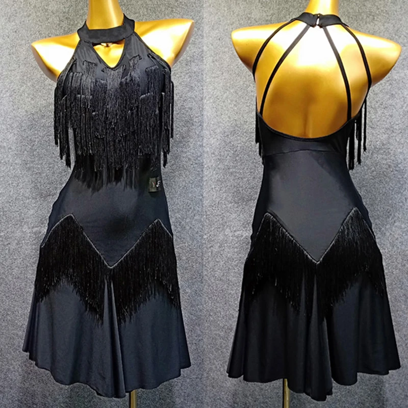 

New Ladies Latin Dresses Fringe Black Dress Sexy Vestido Flecos Flamengo Rumba/Salsa Dress Professional Latin Dance Dress VDB496