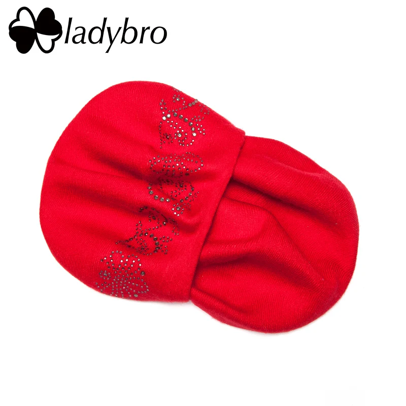 Ladybro для женщин Берет шерстяной шляпа осень зима шапка женская 2 слоя Стразы