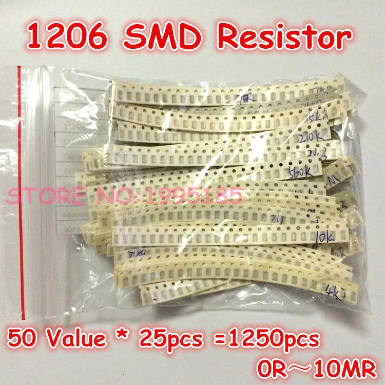 1250 шт. комплект резисторов 1206 SMD (0R ~ 10MR) 5% 1/4 Вт 0 25 50 значений * = 3 2*1 6 мм|resistor