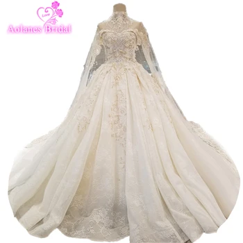 

Vestido De Noiva Long Sleeve Vintage Wedding Dresses 2018 High Neck Lace Appliques Beaded Crystals Cape Special Wow Bridal Gowns