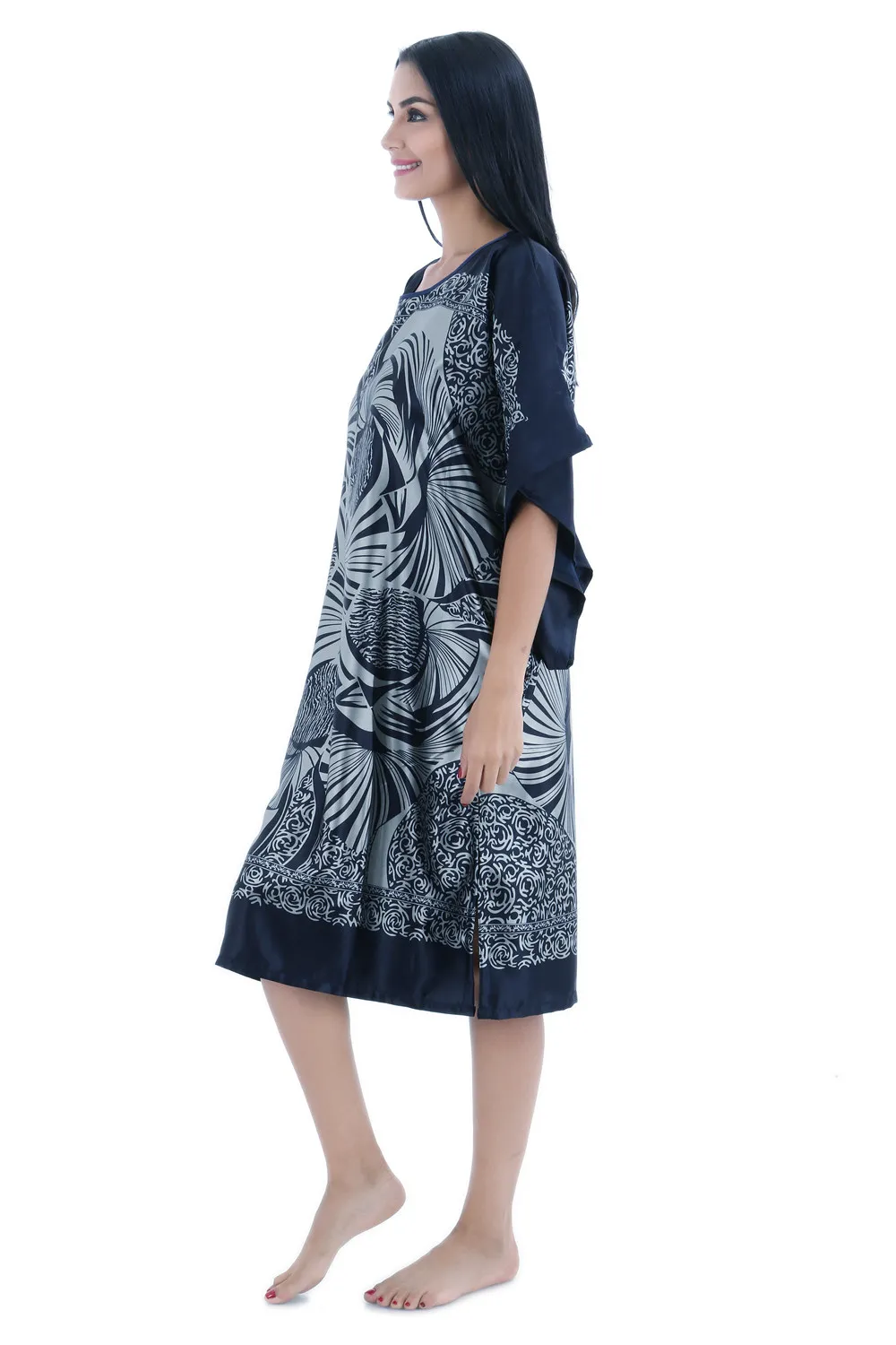 Большой размер, летний женский ночной халат из искусственного шелка темно-синего цвета, женская ночная рубашка, халат, одежда для сна, женская пижама с цветочным принтом, Zh13E