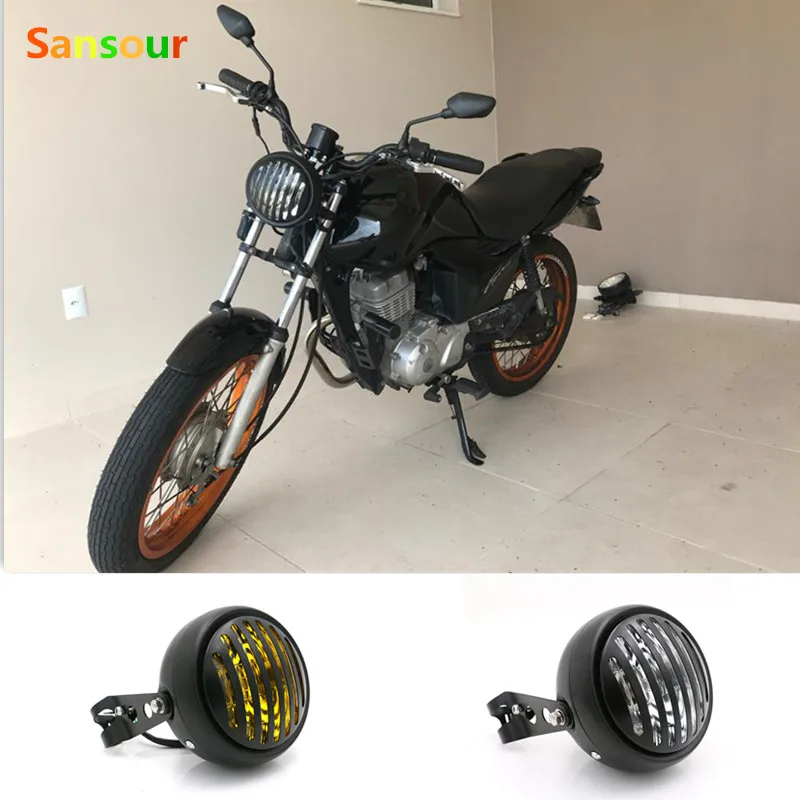 

Sansour Retro Grill Headlight Motorcycle Fork Mount Cover Mask Adapter 27-36mm Vintage Headlight Bullet 6.5" Cafe Racer Light