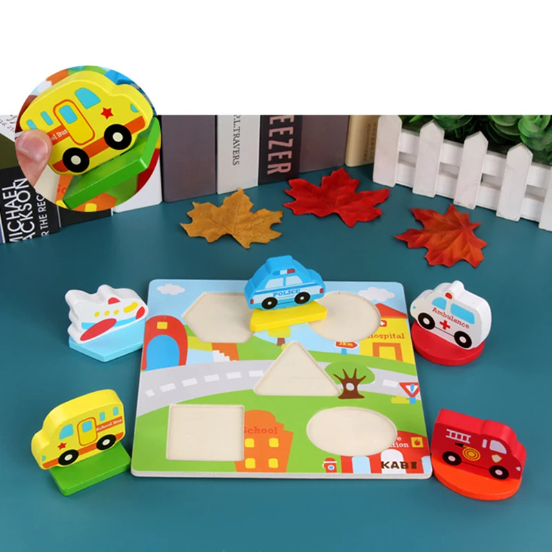 2018 New Wooden Toys Cartoon Animal Traffic 3D Puzzles Hand Grasping Board Kids Educational Toys for Children Gift Boys Girls