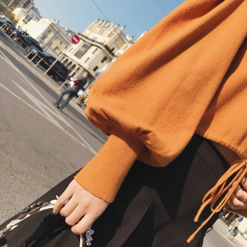 MISHOW осенний винтажный вязаный свитер для женщин, Модный повседневный короткий топ с квадратным воротником и рукавами-фонариками MX18C5196