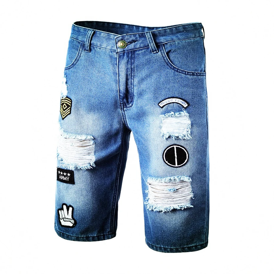 ABOORUN Здравствуйте Street Мужская Мода Джинсовые шорты Голубой вышивкой рваные джинсовые летние хлопчатобумажные шорты для мужчин x1940