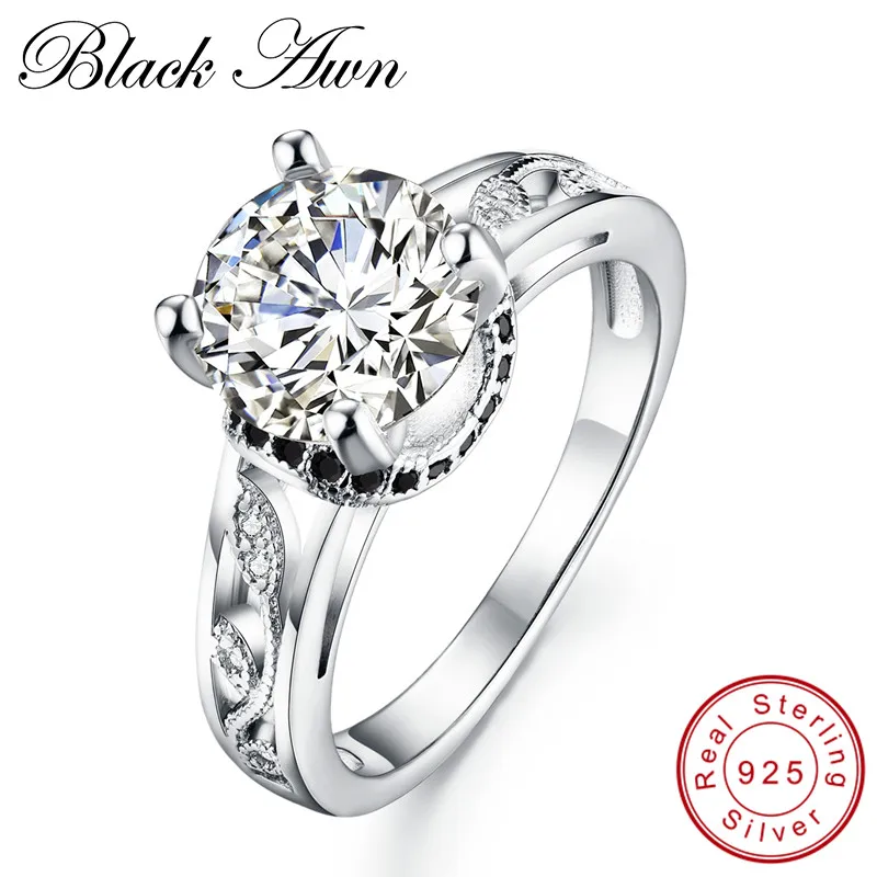 

[BLACK AWN] Black & White Silver 925 Sterling Silver Jewelry Trendy Wedding Rings for Women Engagement Ring C096