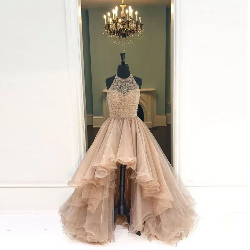 Halter High-Low Beaded Prom Dress Party Ball Gown Dress for Prom