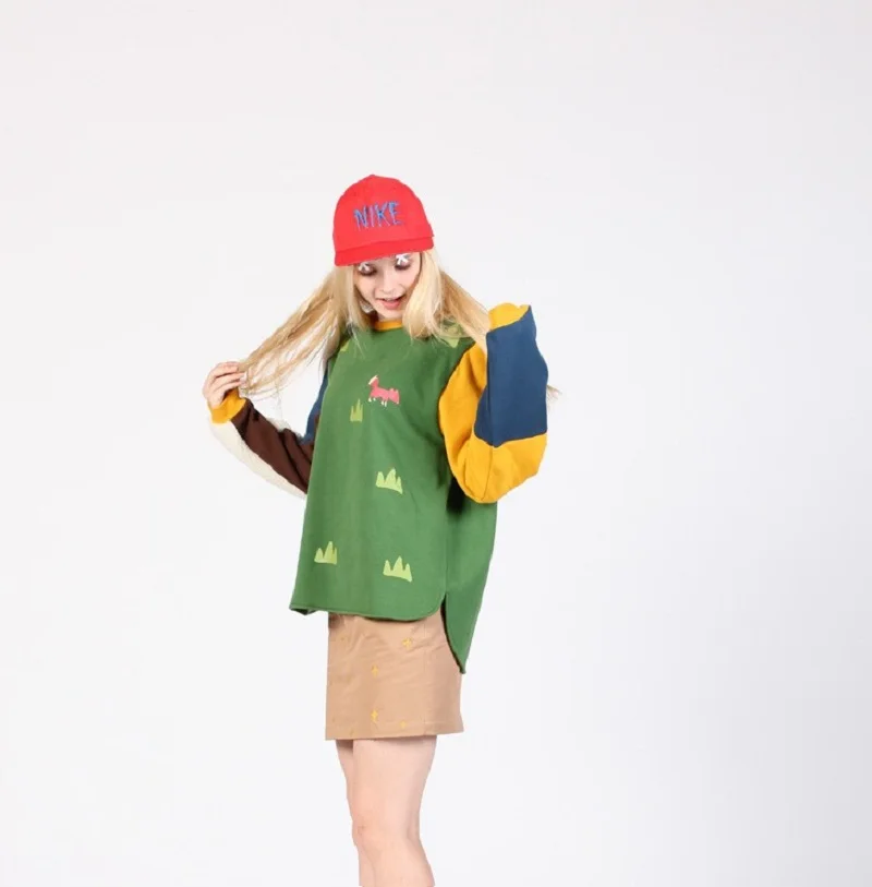 

Spring Autumn New Japanese Printing Autumn New Women Loose O-Neck Fleece Thicken Green Pullovers Sweatshirts Cute Preppy Style