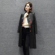 Новые дизайнерские женские длинные пальто из натуральной кожи женские Куртки из натуральной овчины черные с красными пуговицами Большие размеры 2xl xxl