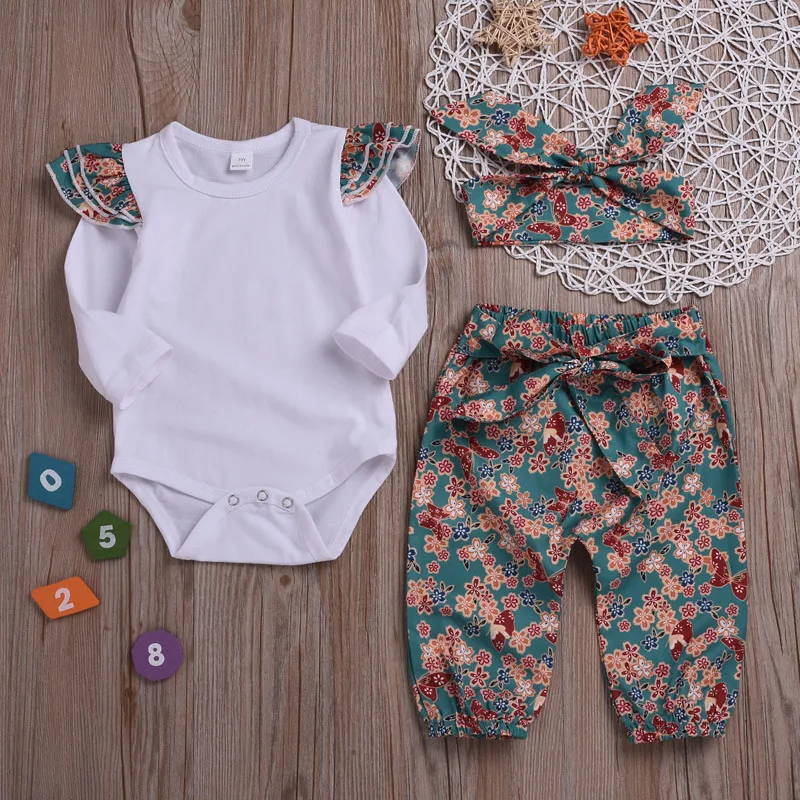 

Newborn Baby Girls Clothes Set Top Romper Foral Pant Outfits With Bowknot Headband Infant Girl Clothing 3Pcs Suit Kit Roupa Bebe